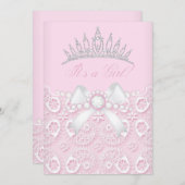 プリンセスガールベビーシャワーピンクレースダイヤモンドホワイト 招待状 (正面/裏面)