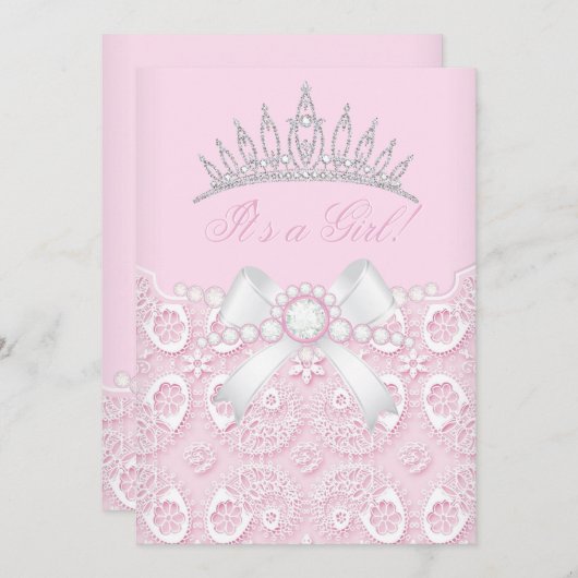 プリンセスガールベビーシャワーピンクレースダイヤモンドホワイト 招待状 (正面/裏面)