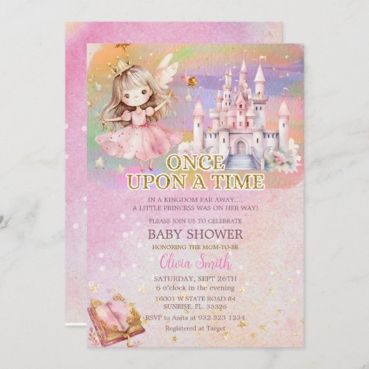 プリンセスガール赤面ピンクレインボーベビーシャワー 招待状 (正面/裏面)