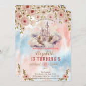 プリンセスキャッスルウォーターカラーフラワースプラッシュ誕生日 招待状 (正面/裏面)