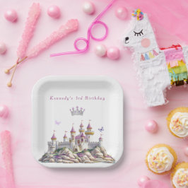 プリンセスキャッスルシルバークラウンピンクジェムズバタフライ ペーパープレート