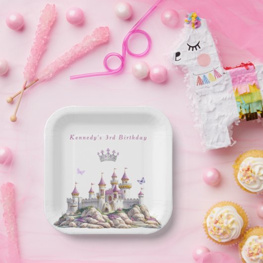 プリンセスキャッスルシルバークラウンピンクジェムズバタフライ ペーパープレート (パーティー)
