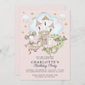 プリンセスキャッスルドラゴンガールズピンク金ゴールド誕生日 招待状 (正面/裏面)