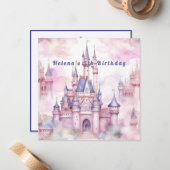 プリンセスキャッスルピンクパープル誕生日招待状 ノートカード (正面/裏面インサイチュ)