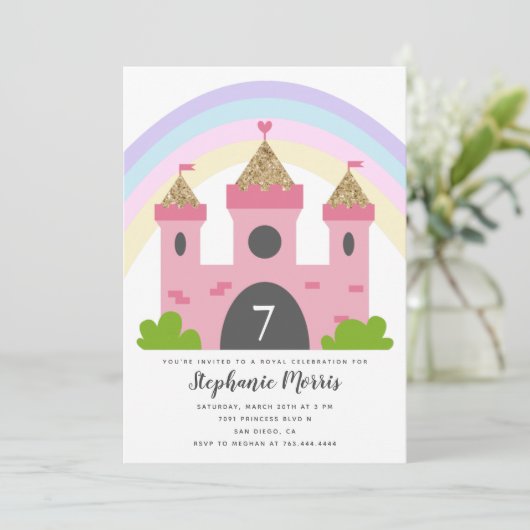 プリンセスキャッスルピンク金ゴールド誕生日パーティー 招待状 (スタンド正面)