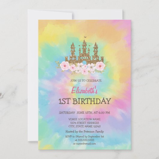 プリンセスキャッスルフラワーズ絞り染め誕生日 招待状 (正面)