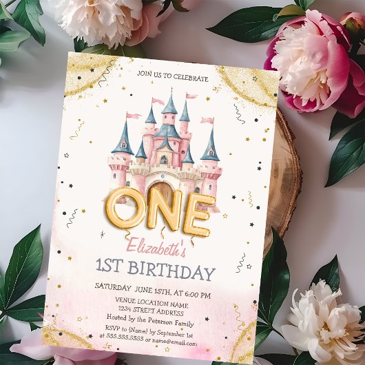 プリンセスキャッスル コンフェティ ウォーターカラー 1歳の誕生日 招待状