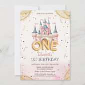 プリンセスキャッスル コンフェティ ウォーターカラー 1歳の誕生日 招待状 (正面)