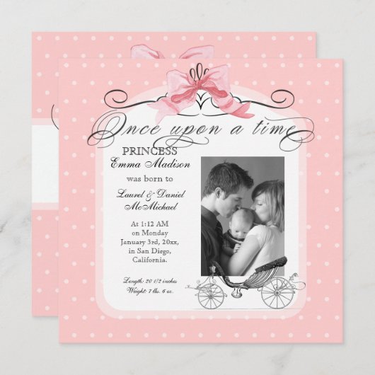 プリンセスキャリッジピンクリボンボウ写真ベビーガール 案内状 (正面/裏面)