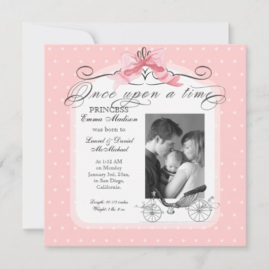 プリンセスキャリッジピンクリボンボウ写真ベビーガール 案内状 (正面)