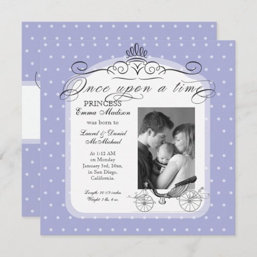 プリンセスキャリッジ水玉模様スワール写真ベビーガール 案内状 (正面/裏面)