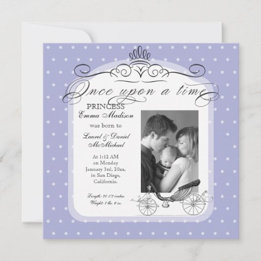 プリンセスキャリッジ水玉模様スワール写真ベビーガール 案内状 (正面)