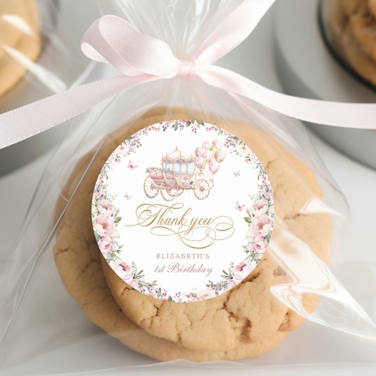 プリンセスキャリッジ誕生日バルーンピンクと金ゴールド ラウンドシール