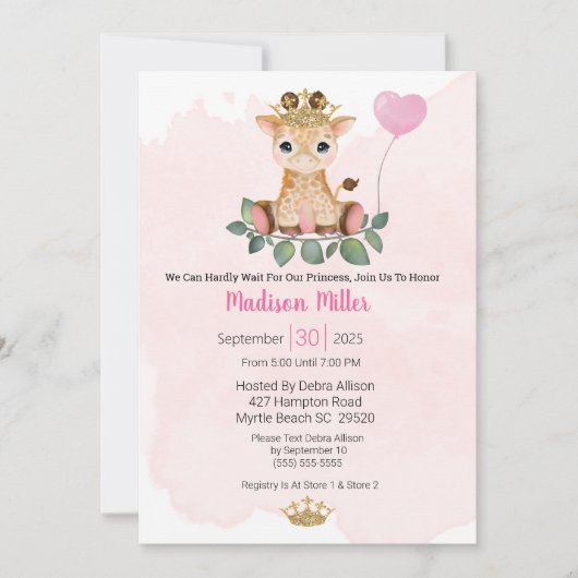 プリンセスキラフェピンクベビーシャワー招待状 招待状 (正面)