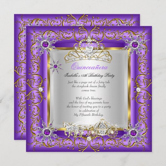 プリンセスキンセアニェラエリート誕生日金ゴールドパープル 招待状 (正面/裏面)