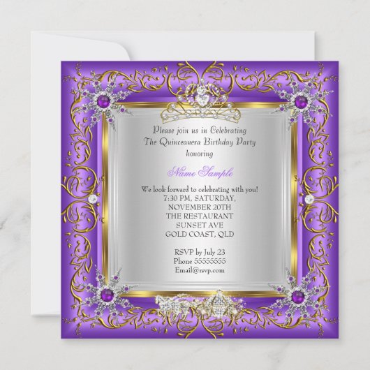 プリンセスキンセアニェラエリート誕生日金ゴールドパープル 招待状 (裏面)