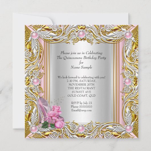 プリンセスキンセアニェラシルバーピンクローズ金ゴールド 招待状 (裏面)