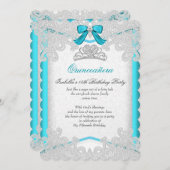 プリンセスキンセアニェラティール（緑がかった色）ブルーレースバースデーパーティー 招待状 (正面/裏面)