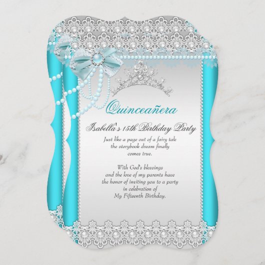 プリンセスキンセアニェラティール（緑がかった色）ブルーレースパールティアラ 招待状 (正面/裏面)