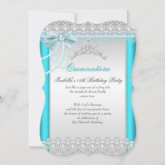 プリンセスキンセアニェラティール（緑がかった色）ブルーレースパールティアラ 招待状 (正面)