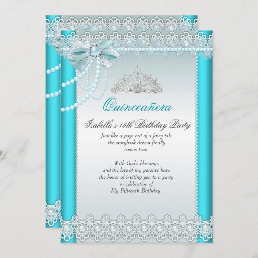 プリンセスキンセアニェラティール(緑がかった色)ブルーレースパール2 招待状 (正面/裏面)