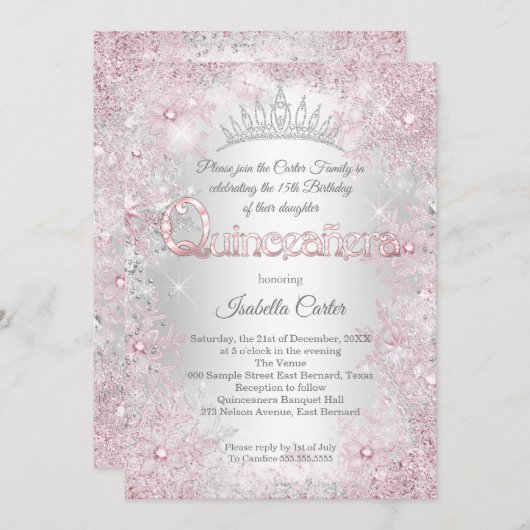 プリンセスキンセアニェラバースデーパーティーピンクシルバー 招待状 (正面/裏面)