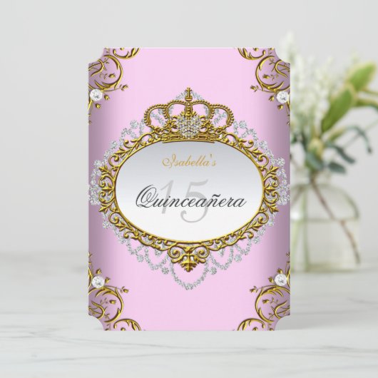 プリンセスキンセアニェラパーティーピンク金ゴールドホワイト 招待状 (スタンド正面)