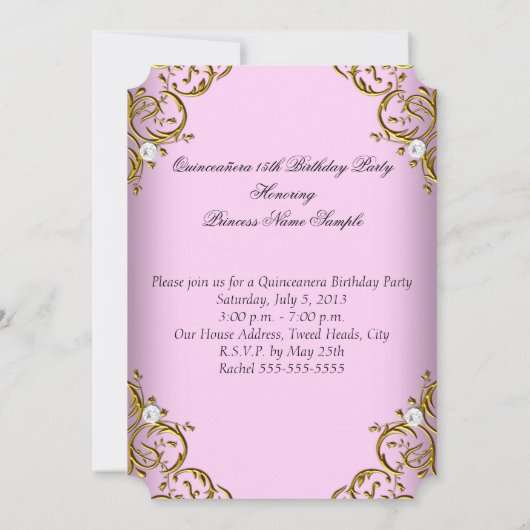 プリンセスキンセアニェラパーティーピンク金ゴールドホワイト 招待状 (裏面)