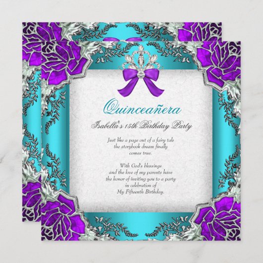 プリンセスキンセアニェラパープルティール（緑がかった色）15th誕生日 招待状 (正面/裏面)