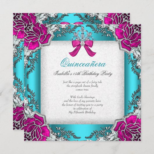 プリンセスキンセアニェラピンクアクアティール(緑がかった色)15誕生日 招待状 (正面/裏面)