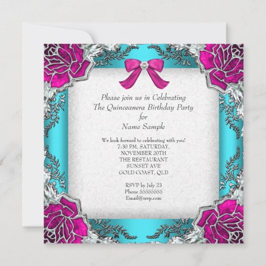 プリンセスキンセアニェラピンクアクアティール（緑がかった色）15誕生日 招待状 (裏面)