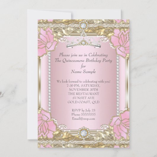 プリンセスキンセアニェラピンク金ゴールドダイアモンドティアラ 招待状 (裏面)