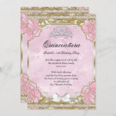 プリンセスキンセアニェラピンク金ゴールド誕生日ティアラ 招待状 (正面/裏面)