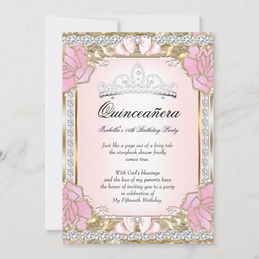 プリンセスキンセアニェラピンク金ゴールド15誕生日 招待状 (正面)