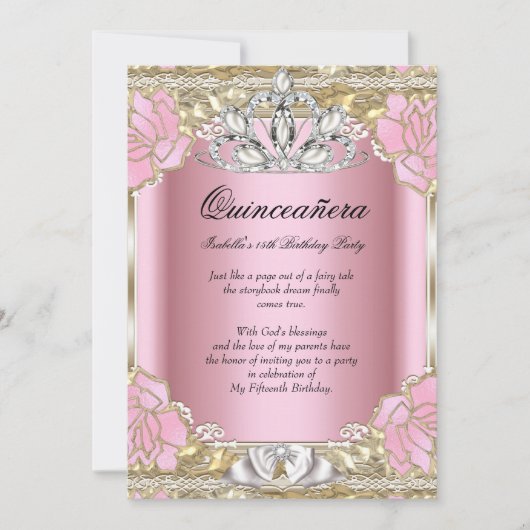 プリンセスキンセアニェラピンク金ゴールド15thバースデーパーティー 招待状 (正面)