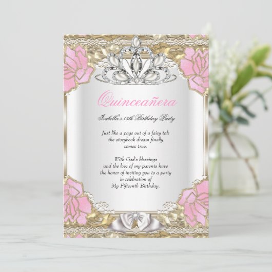 プリンセスキンセアニェラホワイトピンク金ゴールド15誕生日 招待状 (スタンド正面)