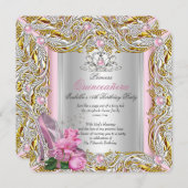 プリンセスキンセアニェラ誕生日ピンクローズ金ゴールド 招待状 (正面/裏面)