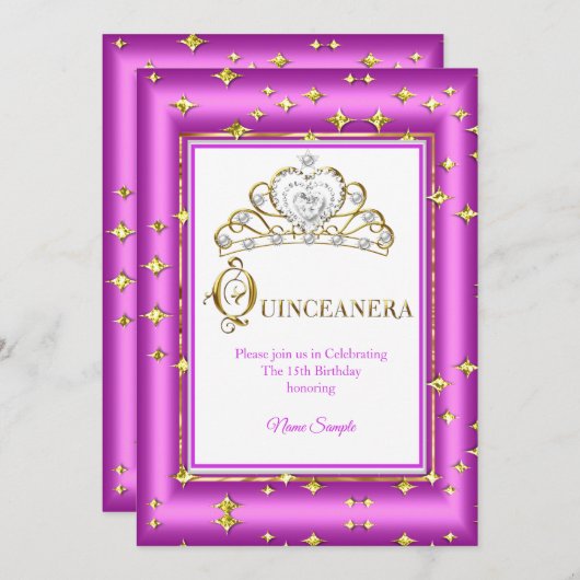 プリンセスキンセアニェラ金ゴールドパープルピンク誕生日 招待状 (正面/裏面)