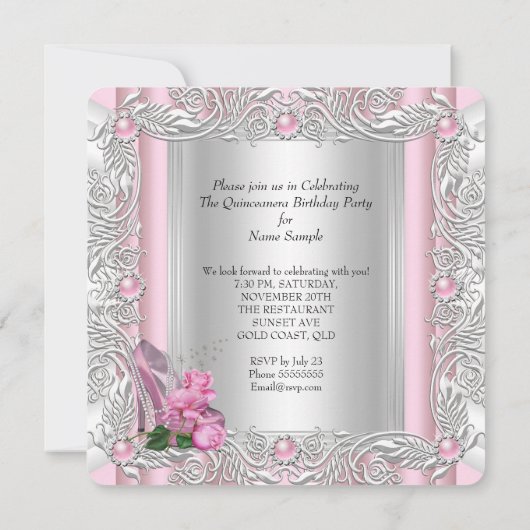 プリンセスキンセアニェラ15誕生日ピンクローズ 招待状 (裏面)