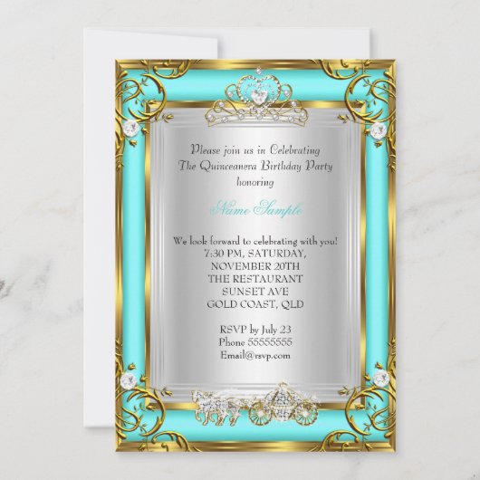 プリンセスキンセアニェラ15th誕生日ティール（緑がかった色）アクア 招待状 (裏面)