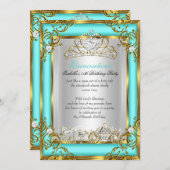 プリンセスキンセアニェラ15th誕生日ティール（緑がかった色）アクア 招待状 (正面/裏面)
