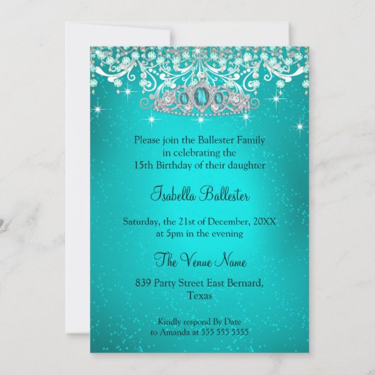 プリンセスキンセアニェラ15th誕生日ティール（緑がかった色）ブルーティアラ 招待状 (裏面)