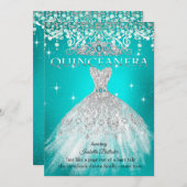プリンセスキンセアニェラ15th誕生日ティール（緑がかった色）ブルーティアラ 招待状 (正面/裏面)
