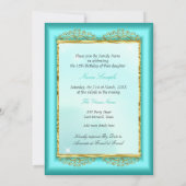 プリンセスキンセアニラティール（緑がかった色）ブルー金ゴールド誕生日 招待状 (裏面)