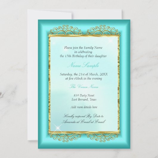 プリンセスキンセアニラティール（緑がかった色）ブルー金ゴールド誕生日 招待状 (裏面)