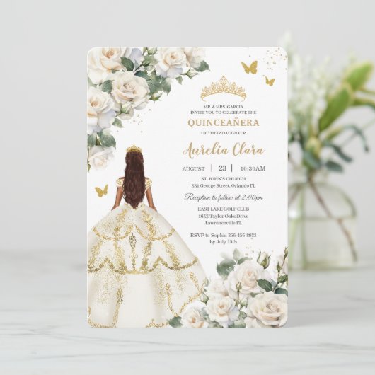 プリンセスキンセアニラホワイトアイボリーバラ金ゴールドドレス 招待状 (スタンド正面)