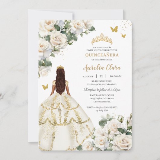 プリンセスキンセアニラホワイトアイボリーバラ金ゴールドドレス 招待状 (正面)