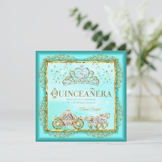 プリンセスキンセアニラマジカルティール(緑がかった色)ブルー金ゴールド 招待状 (スタンド正面)