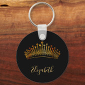 プリンセスクイーン金ゴールドティアラクラウンブラックネーム キーホルダー (正面)