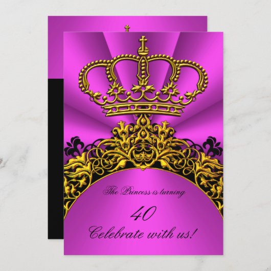 プリンセスクイーン金ゴールドホットピンクバースデーパーティー 招待状 (正面/裏面)